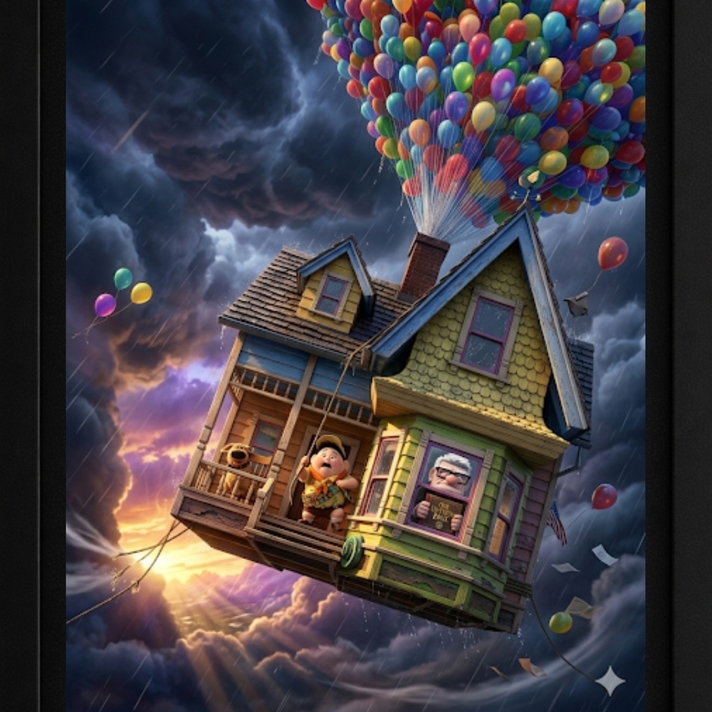 Colorful Floating House Art Print In A Glass Front Frame 8x10